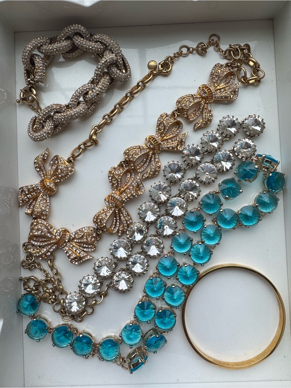 Gold Bow & Blue Crystal Statement Necklace Set - Womens Jewelry